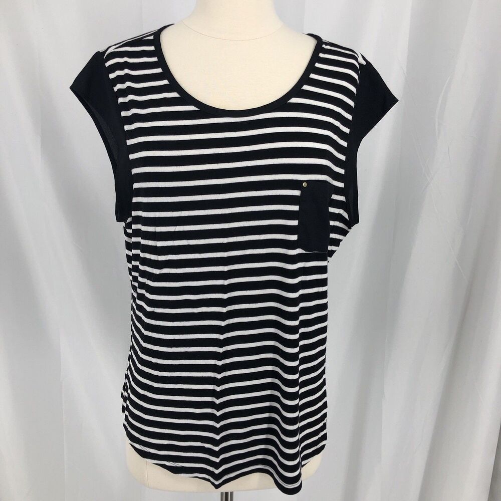 Calvin Klein Striped Black White T-Shirt W/ Pocket Women's Short Sleeve Jersey